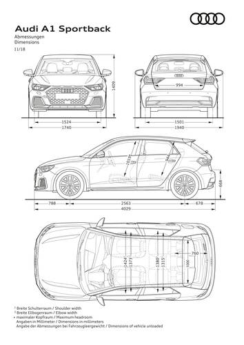 Audi A1 GB Sportback 2019 afmetingen