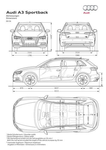 Audi A3 Sportback 8V facelift 2016 Abmessungen