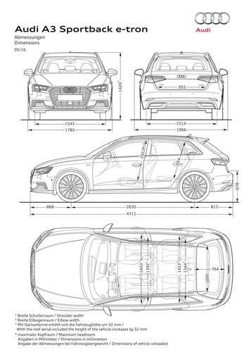 Audi A3 e-tron 8V facelift 2017 dimensions