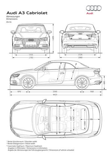 Audi A3 Cabrio 8v facelift 2016 dimensions
