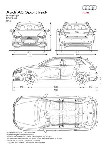 Audi A3 Sportback 8V facelift 2016 dimensions