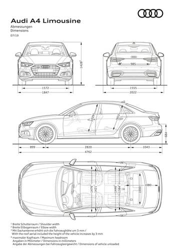 Audi A4 2019 facelift 8W dimensions