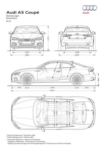 Fiches techniques, spécifications et dimensions Audi A5 F5 8W6 Coupe 2016