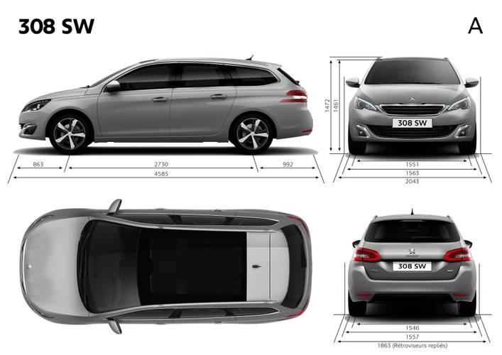 Technische Daten und Abmessungen Peugeot 308 T9 SW 2014