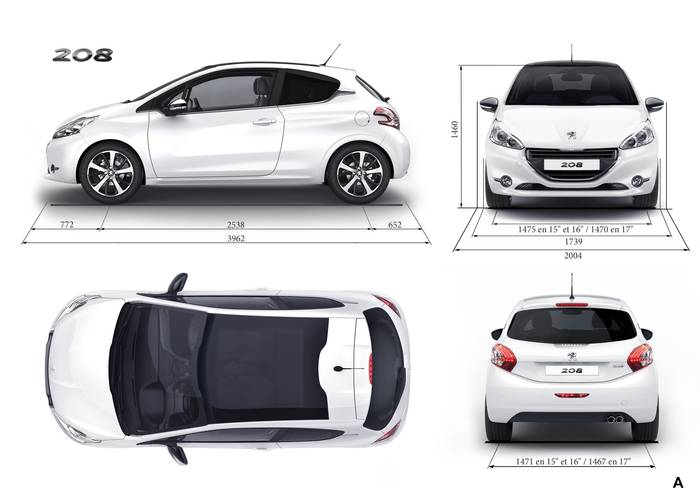 Especificações técnicas e dimensões Peugeot 208 A9 2013