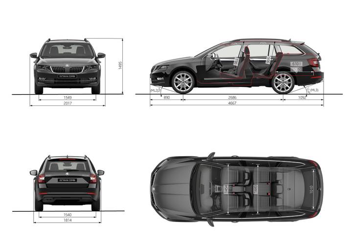 Škoda Octavia E5 facelift 2017 dimensions